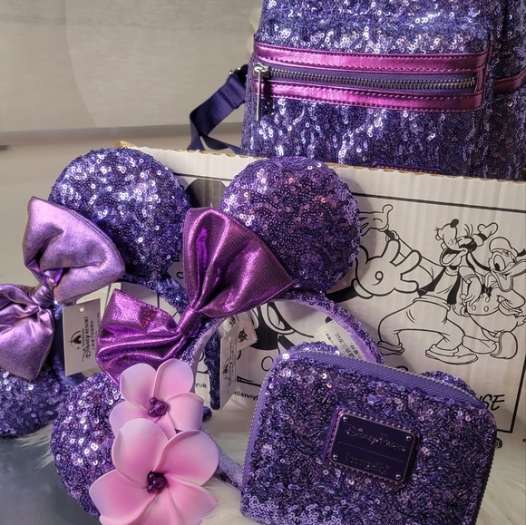 Set of 4!Purple Sequin Loungefly Backpack 2pairs of Ears&Wallet - Picture 2 of 13